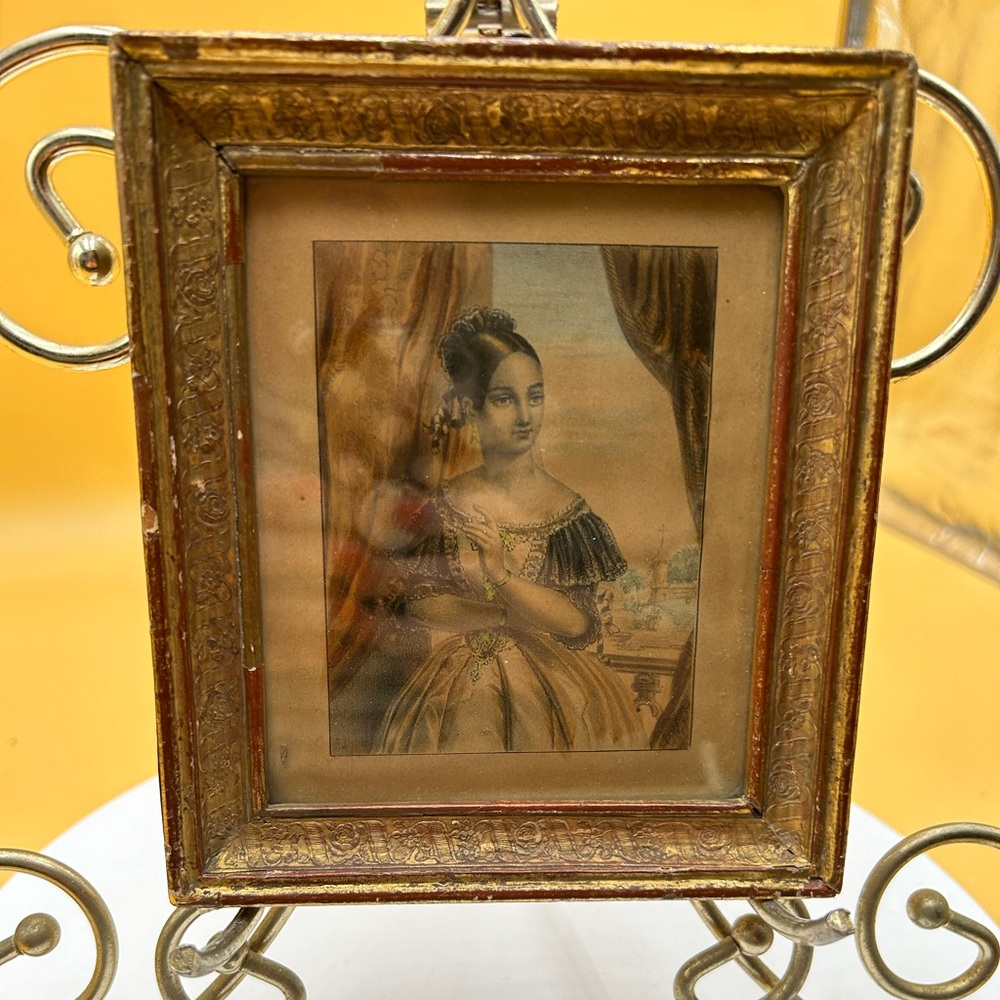 Antique Victorian portrait art with bubbles in glass, ornate frame, blue white